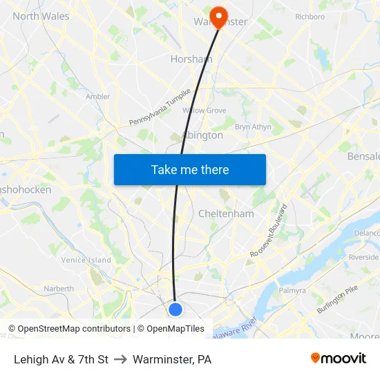 Lehigh Av & 7th St to Warminster, PA map