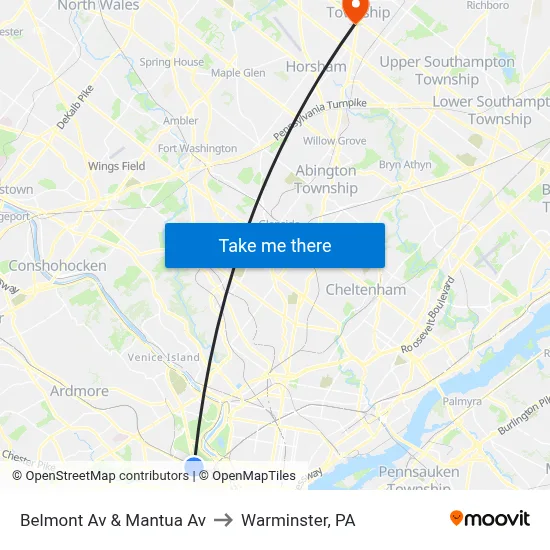 Belmont Av & Mantua Av to Warminster, PA map
