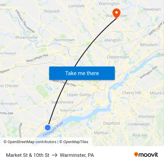 Market St & 10th St to Warminster, PA map