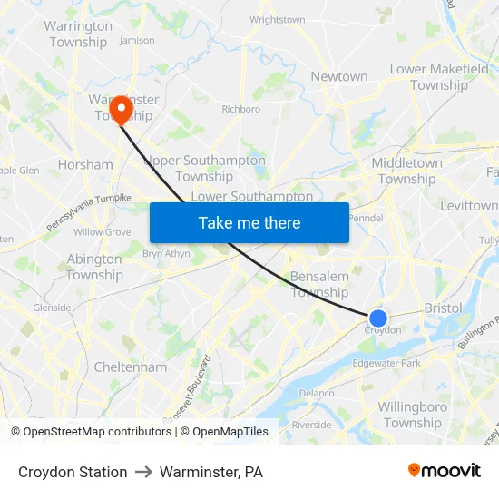 Croydon Station to Warminster, PA map