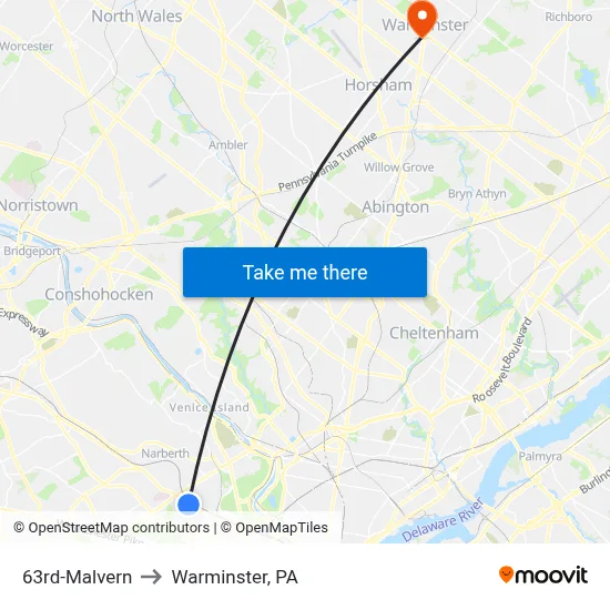 63rd-Malvern to Warminster, PA map