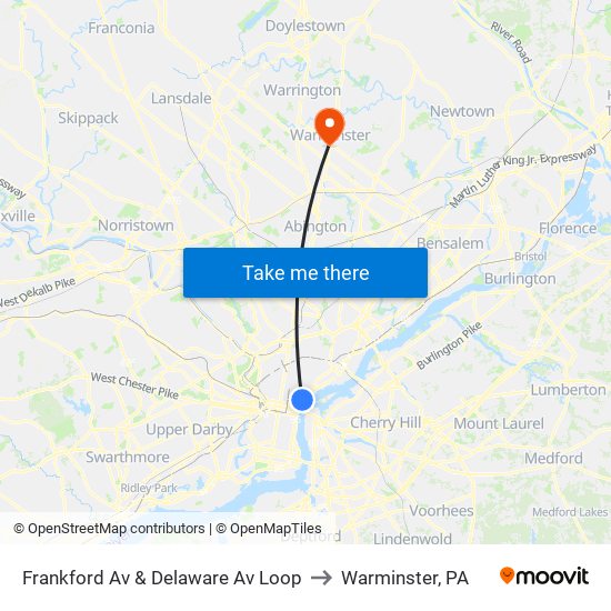 Frankford Av & Delaware Av Loop to Warminster, PA map