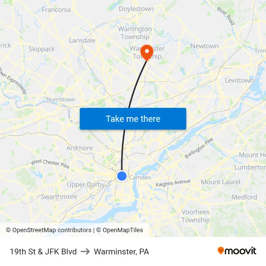 19th St & JFK Blvd to Warminster, PA map