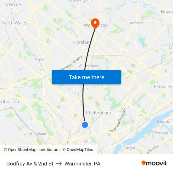 Godfrey Av & 2nd St to Warminster, PA map