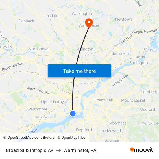 Broad St & Intrepid Av to Warminster, PA map