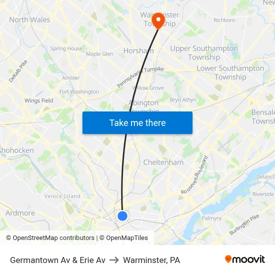 Germantown Av & Erie Av to Warminster, PA map