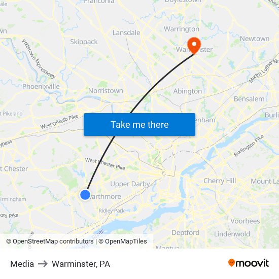 Media to Warminster, PA map