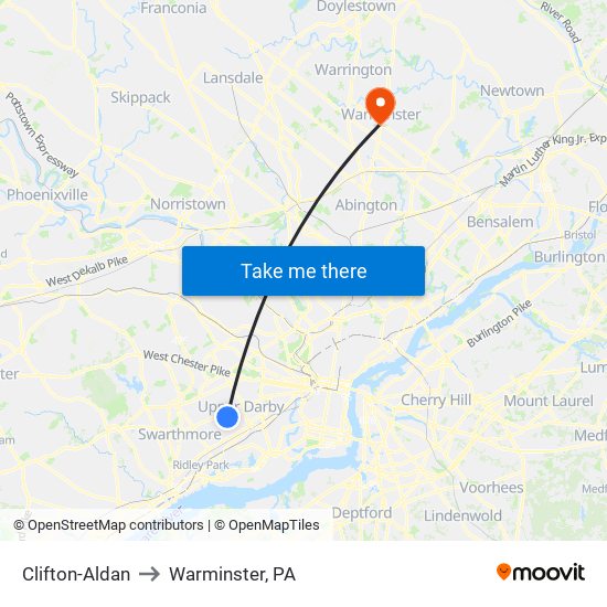 Clifton-Aldan to Warminster, PA map