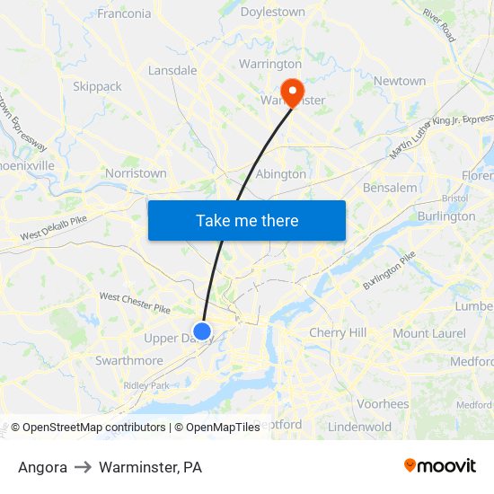 Angora to Warminster, PA map