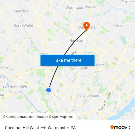 Chestnut Hill West to Warminster, PA map
