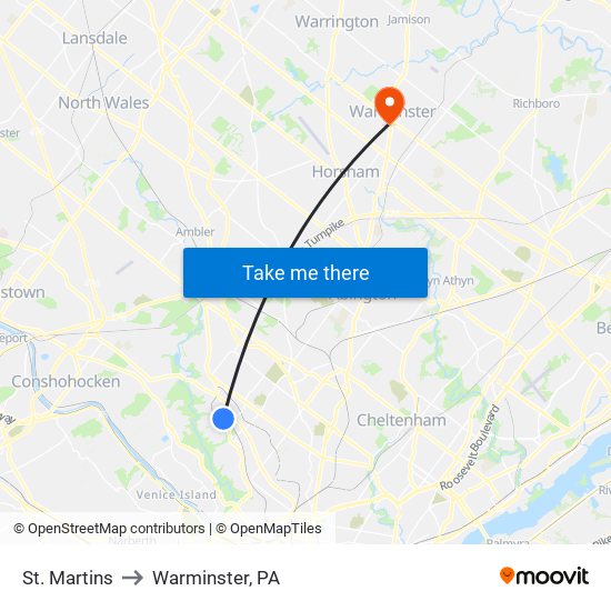 St. Martins to Warminster, PA map