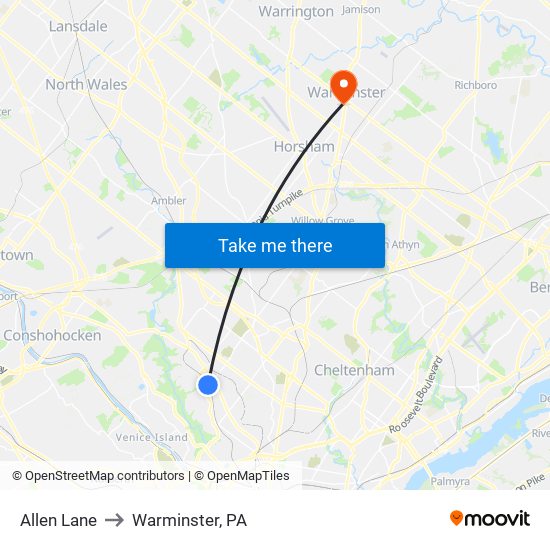 Allen Lane to Warminster, PA map