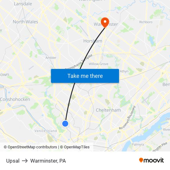 Upsal to Warminster, PA map