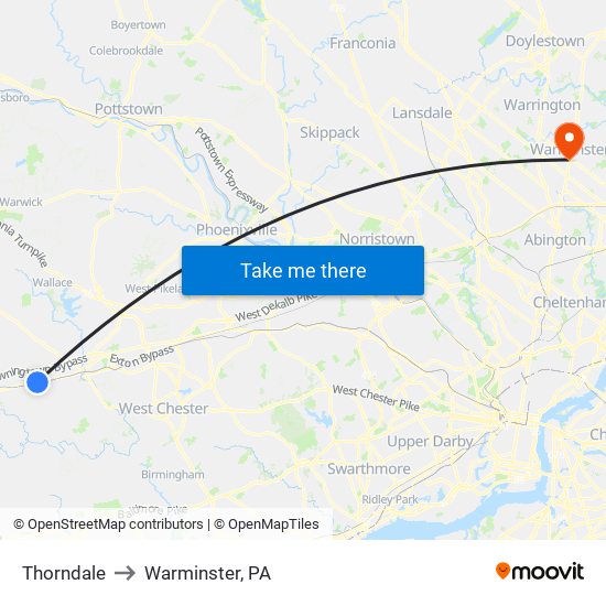 Thorndale to Warminster, PA map