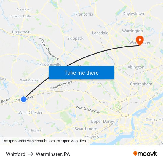 Whitford to Warminster, PA map