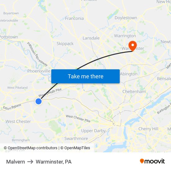 Malvern to Warminster, PA map