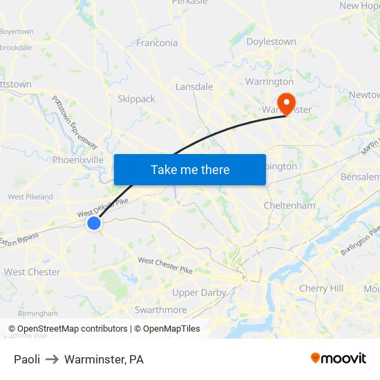 Paoli to Warminster, PA map