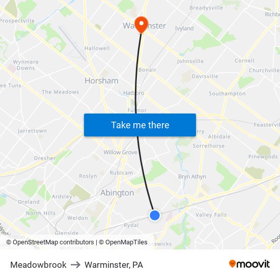 Meadowbrook to Warminster, PA map