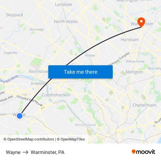 Wayne to Warminster, PA map