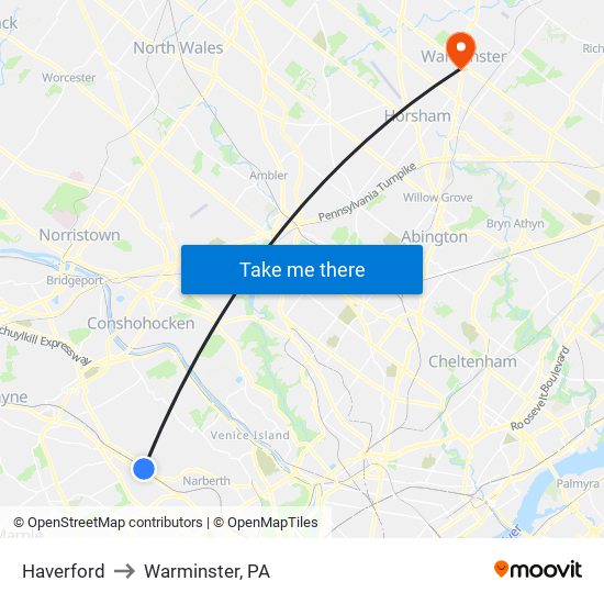 Haverford to Warminster, PA map