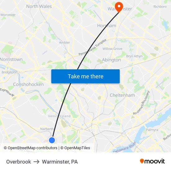 Overbrook to Warminster, PA map