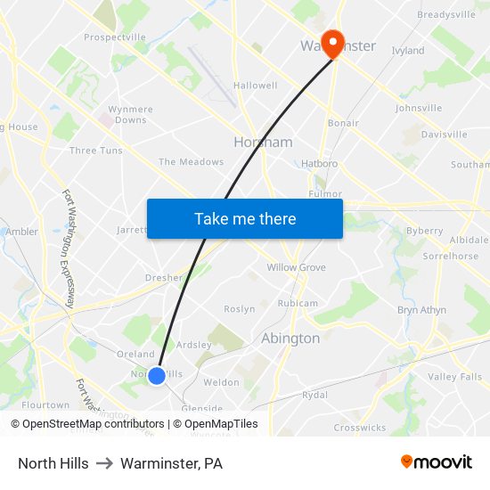 North Hills to Warminster, PA map
