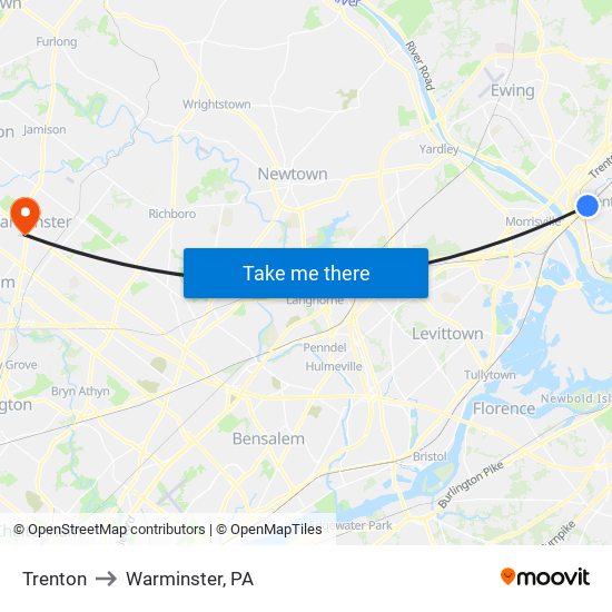 Trenton to Warminster, PA map
