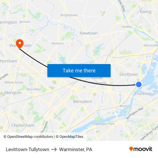 Levittown-Tullytown to Warminster, PA map