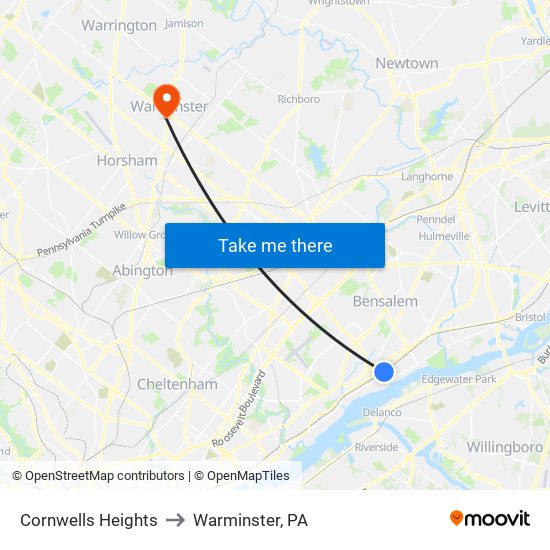 Cornwells Heights to Warminster, PA map