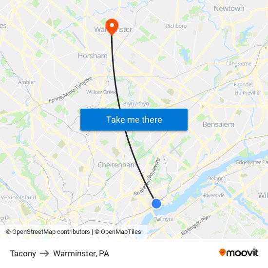Tacony to Warminster, PA map