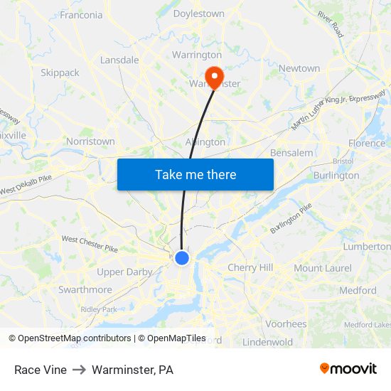 Race Vine to Warminster, PA map