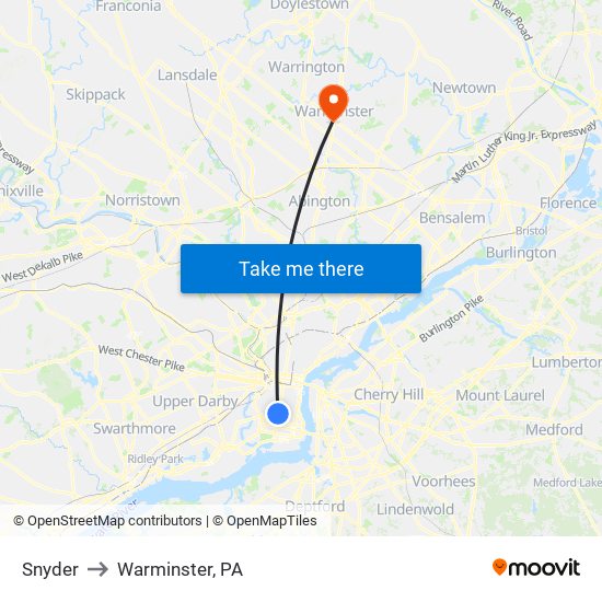 Snyder to Warminster, PA map