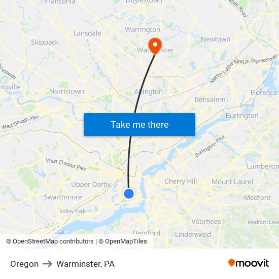 Oregon to Warminster, PA map