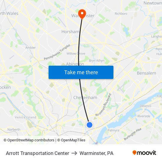 Arrott Transportation Center to Warminster, PA map