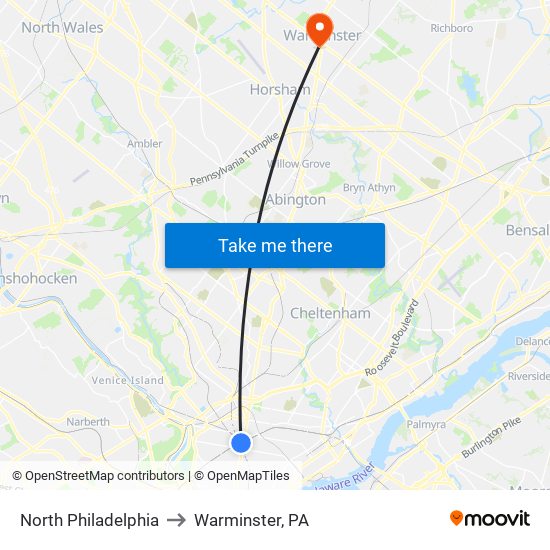 North Philadelphia to Warminster, PA map