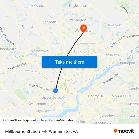 Millbourne Station to Warminster, PA map