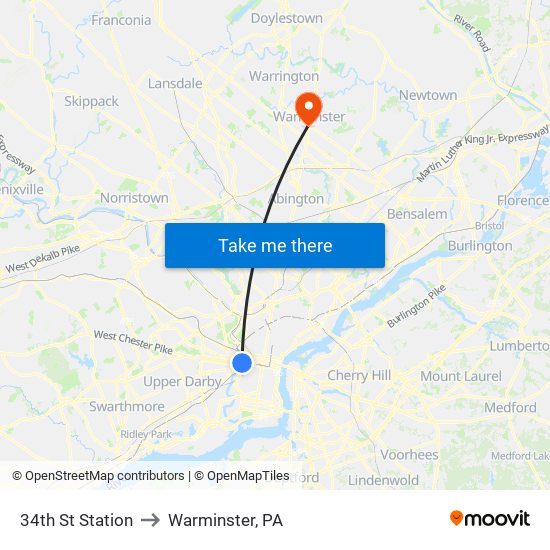 34th St Station to Warminster, PA map