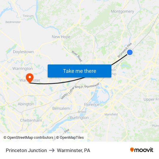 Princeton Junction to Warminster, PA map
