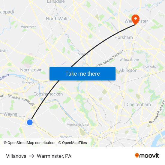 Villanova to Warminster, PA map