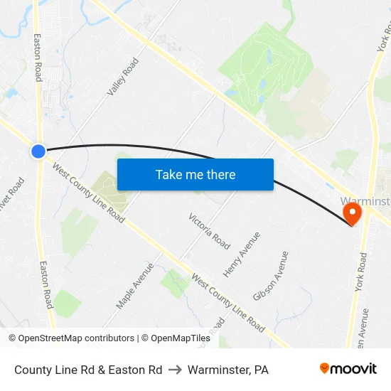 County Line Rd & Easton Rd to Warminster, PA map