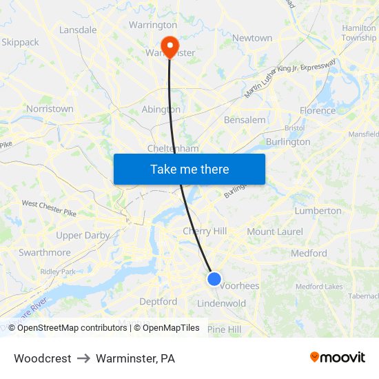 Woodcrest to Warminster, PA map