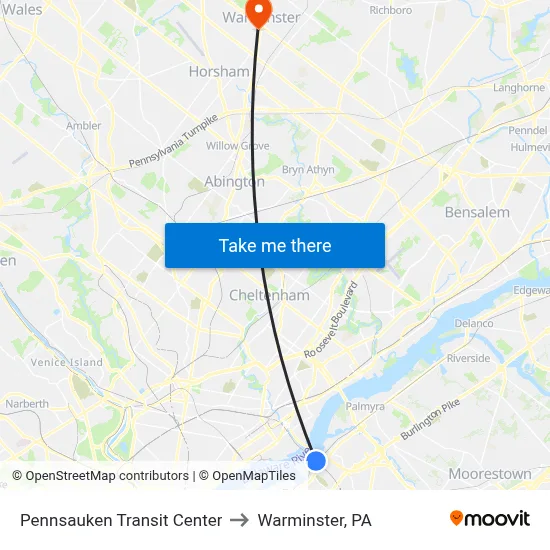 Pennsauken Transit Center to Warminster, PA map