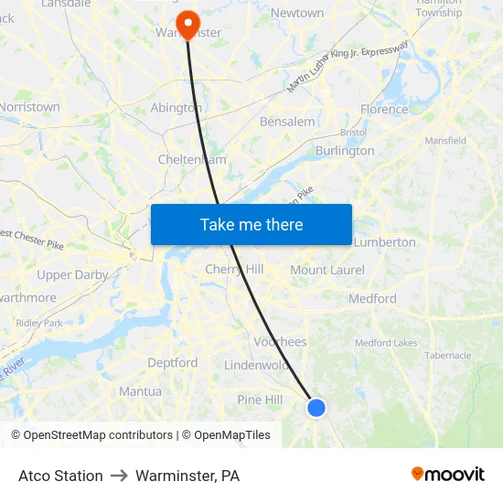 Atco Station to Warminster, PA map