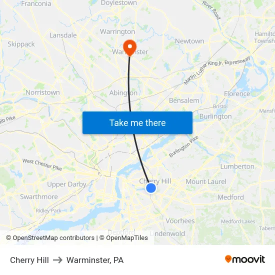 Cherry Hill to Warminster, PA map