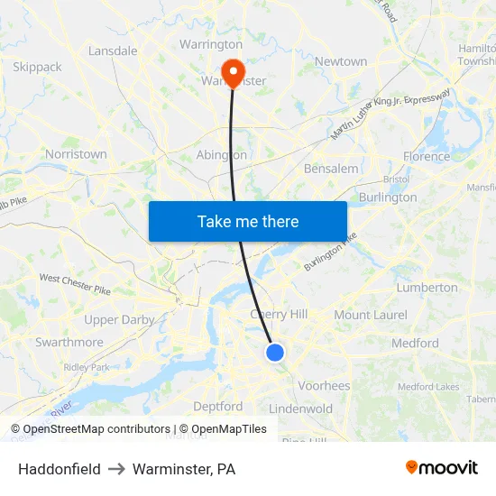 Haddonfield to Warminster, PA map