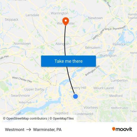 Westmont to Warminster, PA map
