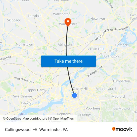 Collingswood to Warminster, PA map