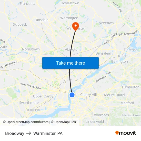 Broadway to Warminster, PA map