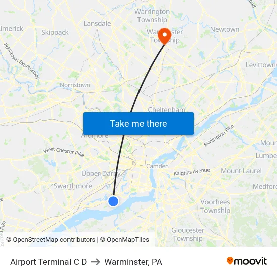 Airport Terminal C D to Warminster, PA map