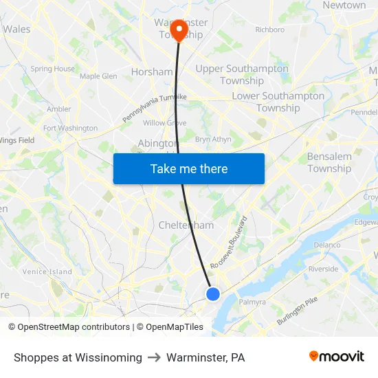 Shoppes at Wissinoming to Warminster, PA map